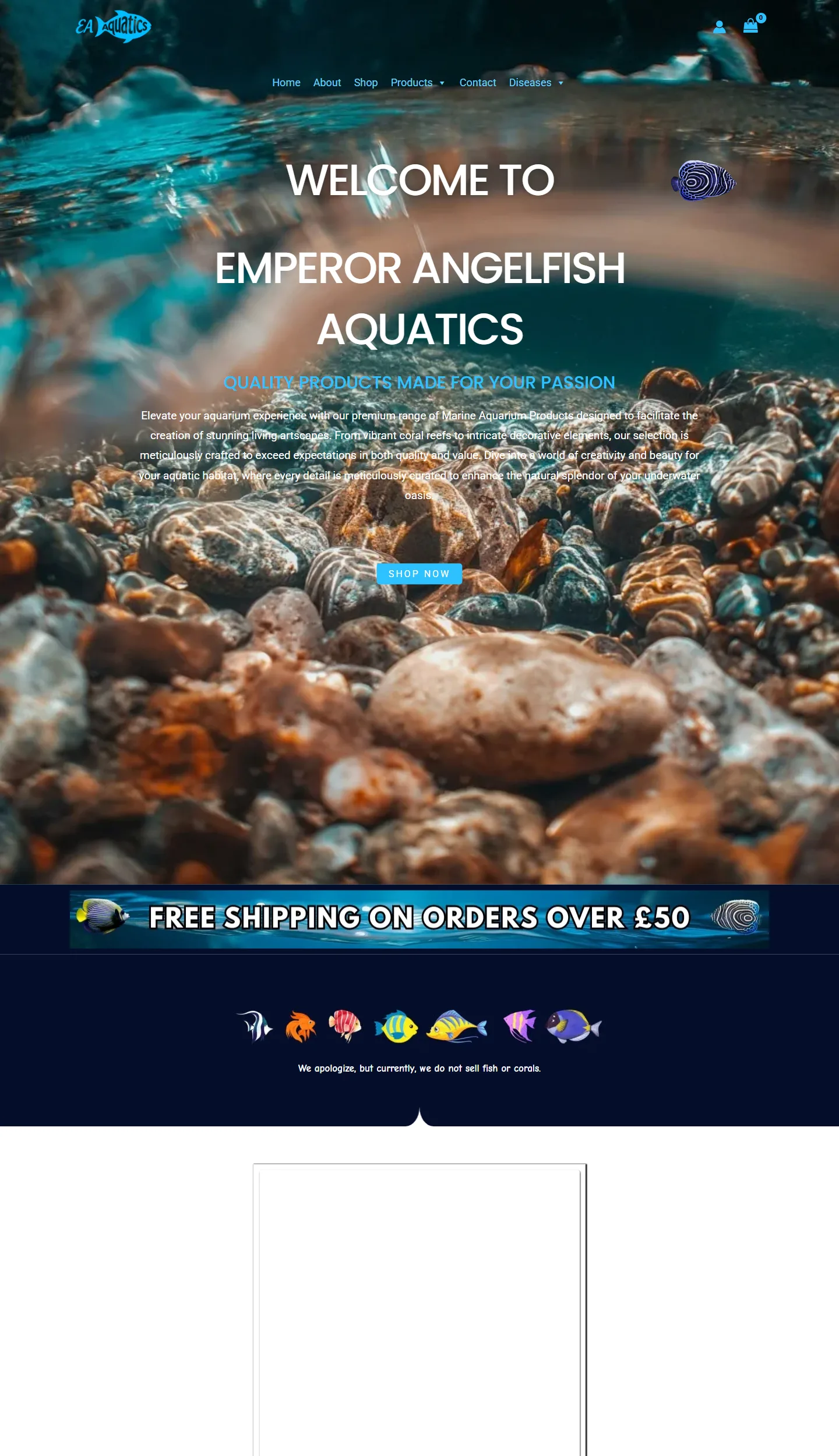 EA Aquatics website homepage — marine aquarium products online store, designed and built by Pure Web Craft