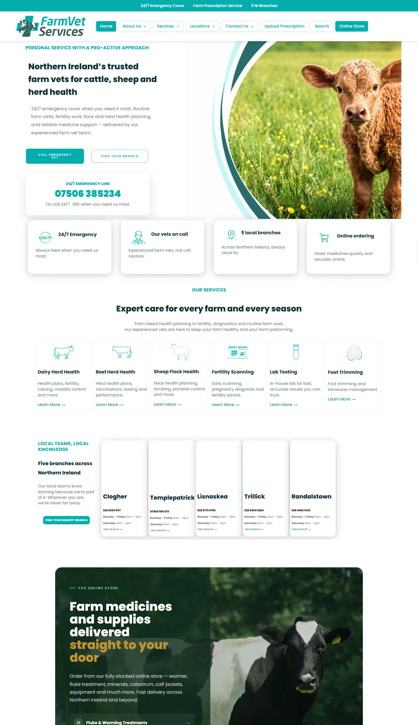Farm Vet Services website homepage — farm veterinary practice site with online store, designed and built by Pure Web Craft