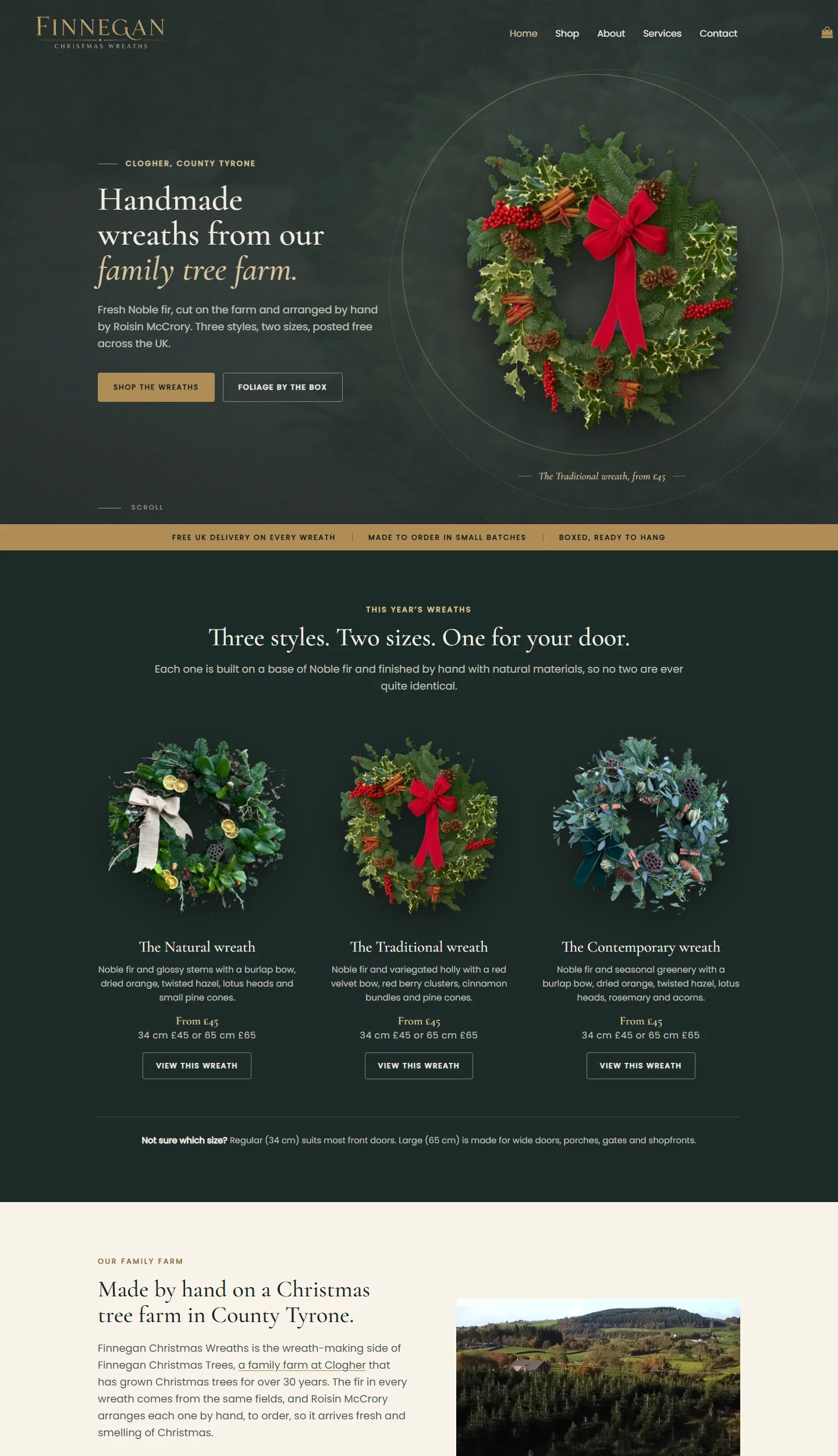 Finnegan Christmas Wreaths website homepage, handmade Christmas wreath online store from a County Tyrone family tree farm, designed and built by Pure Web Craft