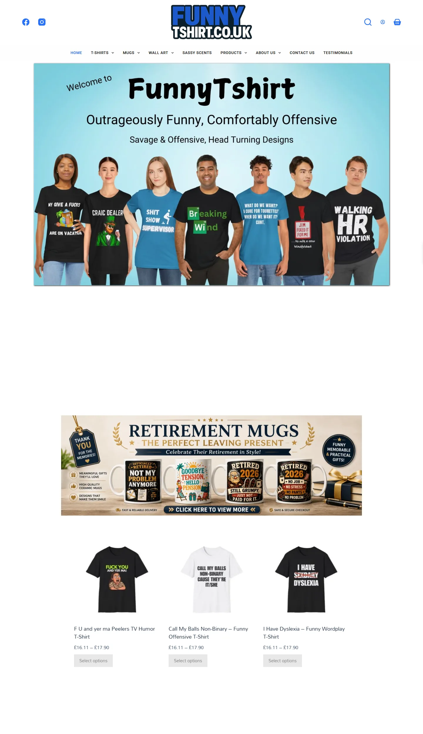 FunnyTshirt.co.uk website homepage — humorous apparel online store, designed and built by Pure Web Craft
