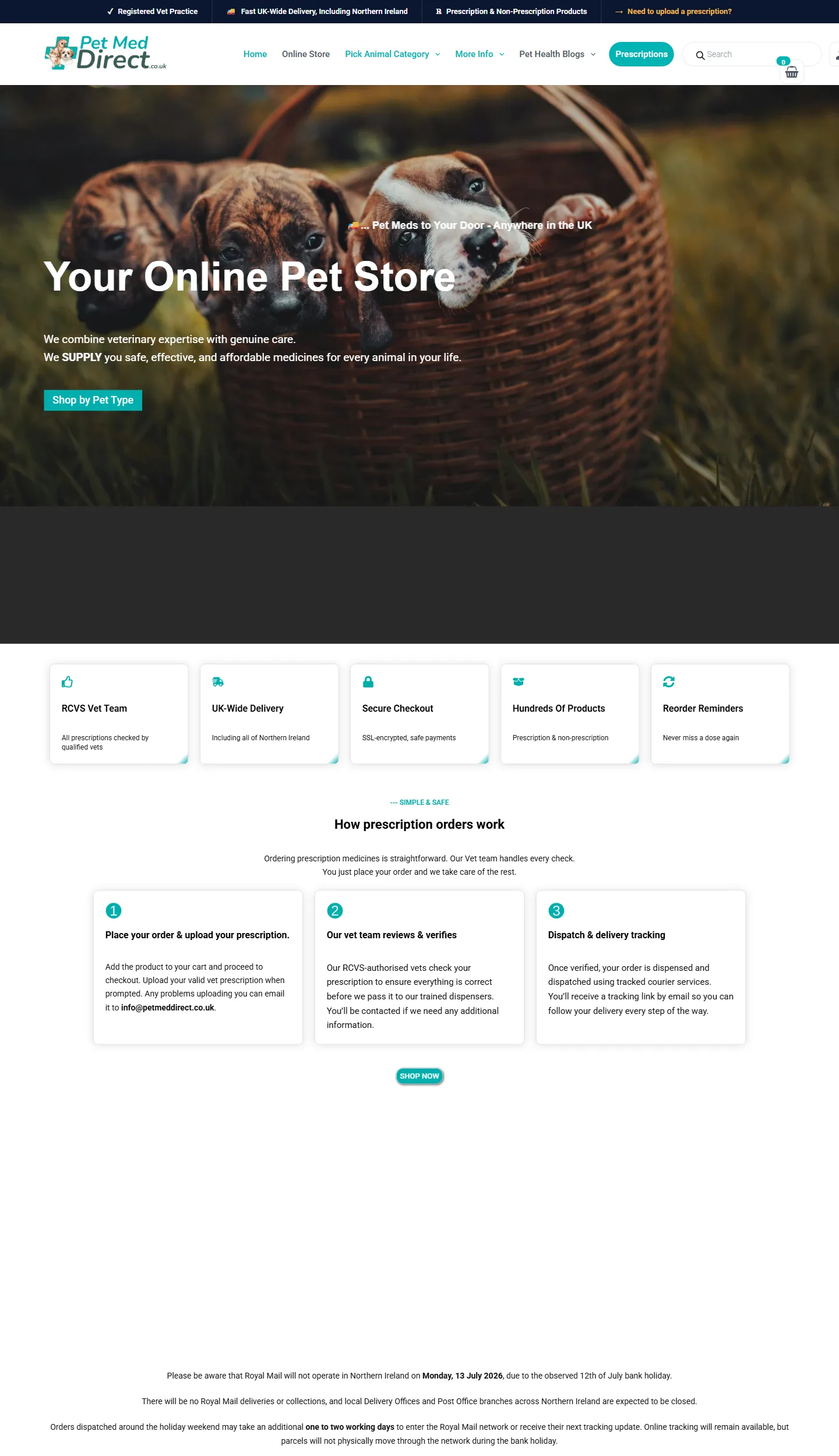 Pet Med Direct website homepage — online pet pharmacy and pet care store, designed and built by Pure Web Craft