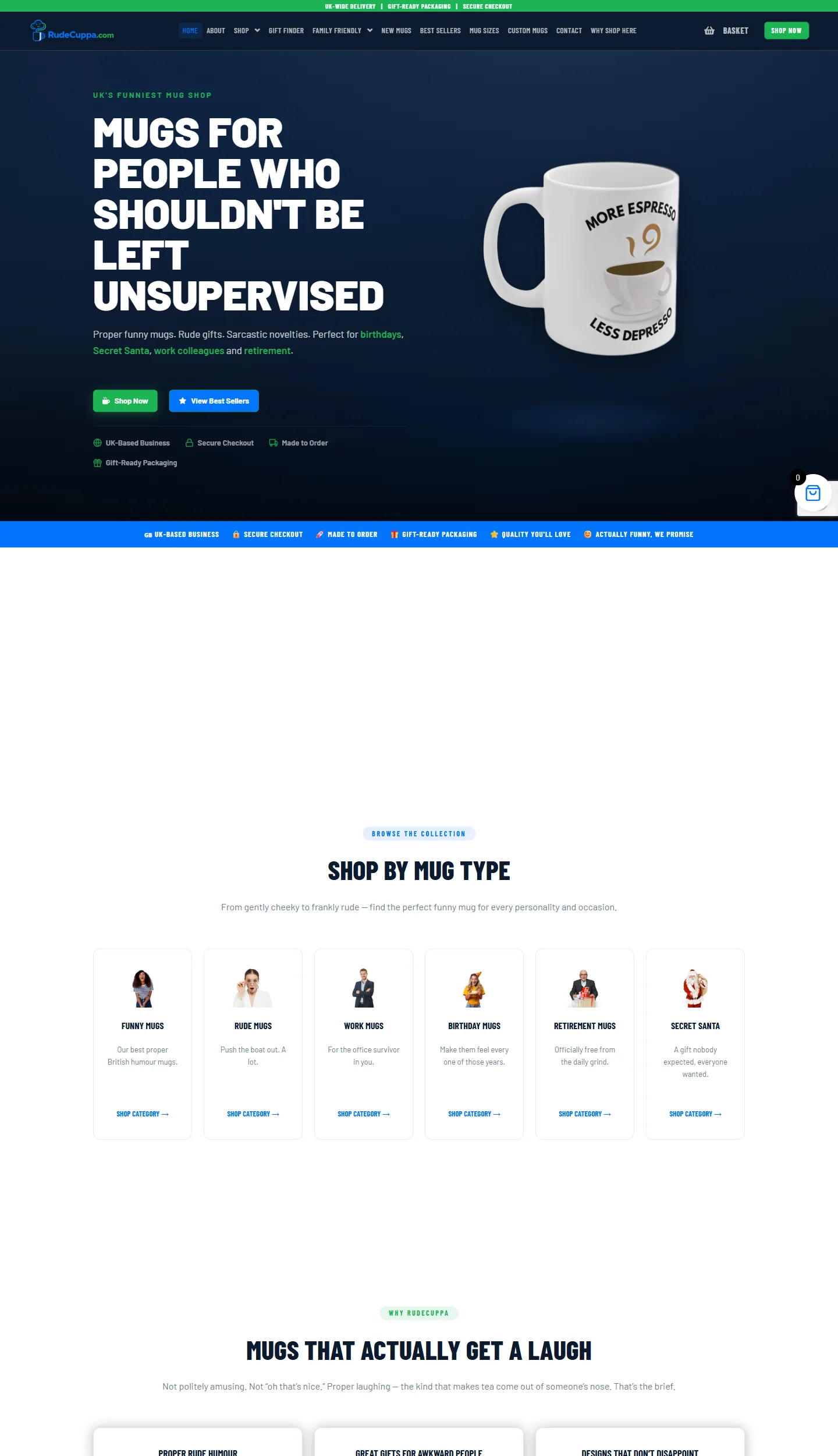 RudeCuppa.com website homepage — funny mug ecommerce store, designed, built and run by Pure Web Craft