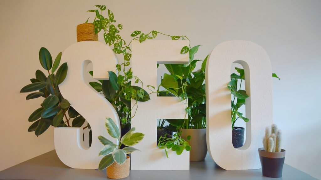 White block letters spelling SEO with houseplants and a small cactus growing through and around them